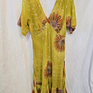 Jessica Taylor XL Women Boho‎ Floral Hippie Midi Beaded V-Neck Ruffled Hem Dress
